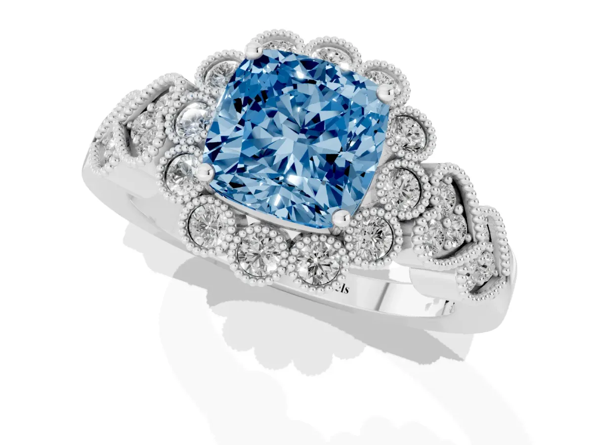 Fancy Blue Cushion Cut Brilliant Milgrain Pave Heart Band Solitaire Ring Platinum