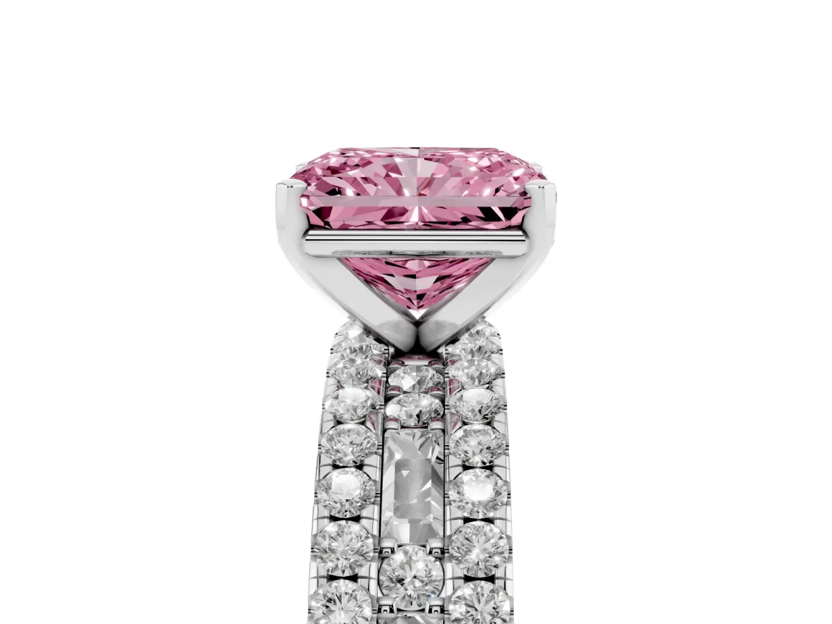 Fancy Pink Radiant Cut Diamond Solitaire Ring with Pavé and Channel Set Band Platinum