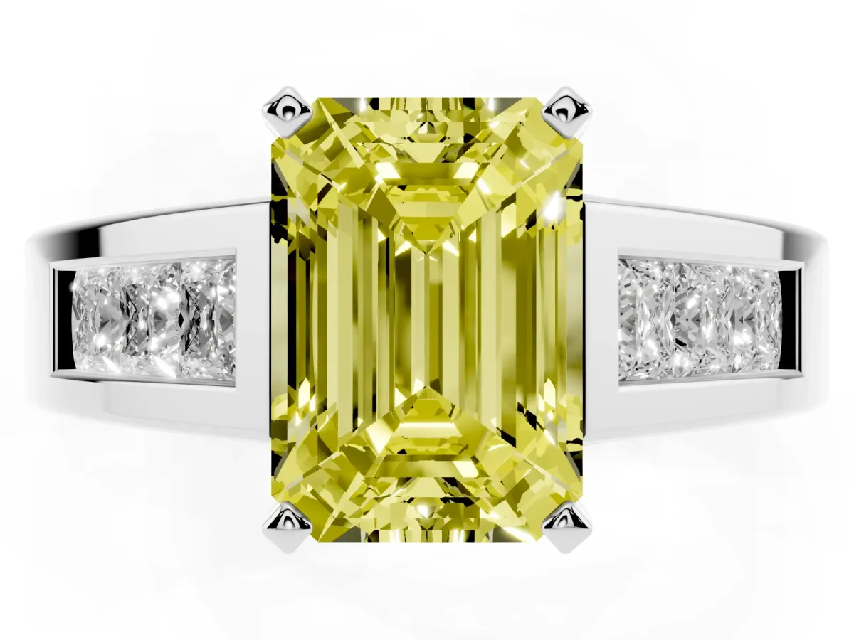 Fancy Yellow Emerald Cut Cut Channel Set Solitaire Ring with Four-Prong Setting Silver