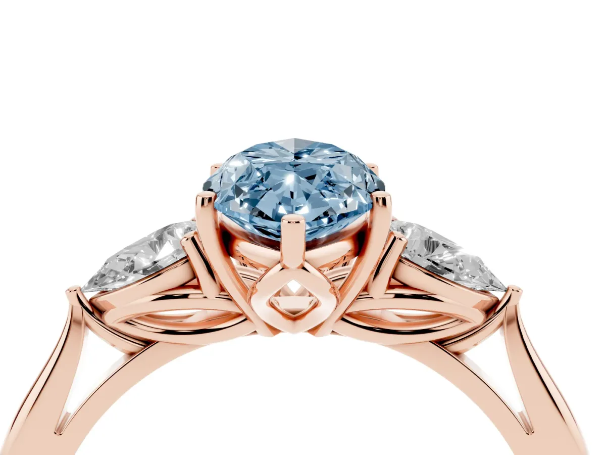 Fancy Blue Marquise Cut Diamond Three-Stone Ring with Pear Side Stones and Prong Setting Rose gold