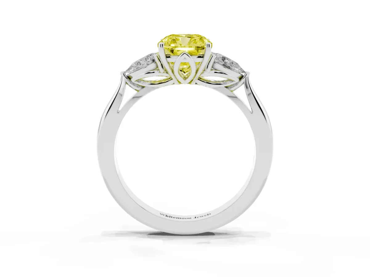 Fancy Yellow Cushion Cut Diamond Three-Stone Ring with Pear Side Stones and Prong Setting Platinum