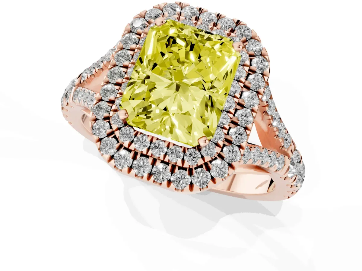 Fancy Yellow Radiant Cut Diamond Double Halo Ring with Split Shank and Prong Setting Rose gold