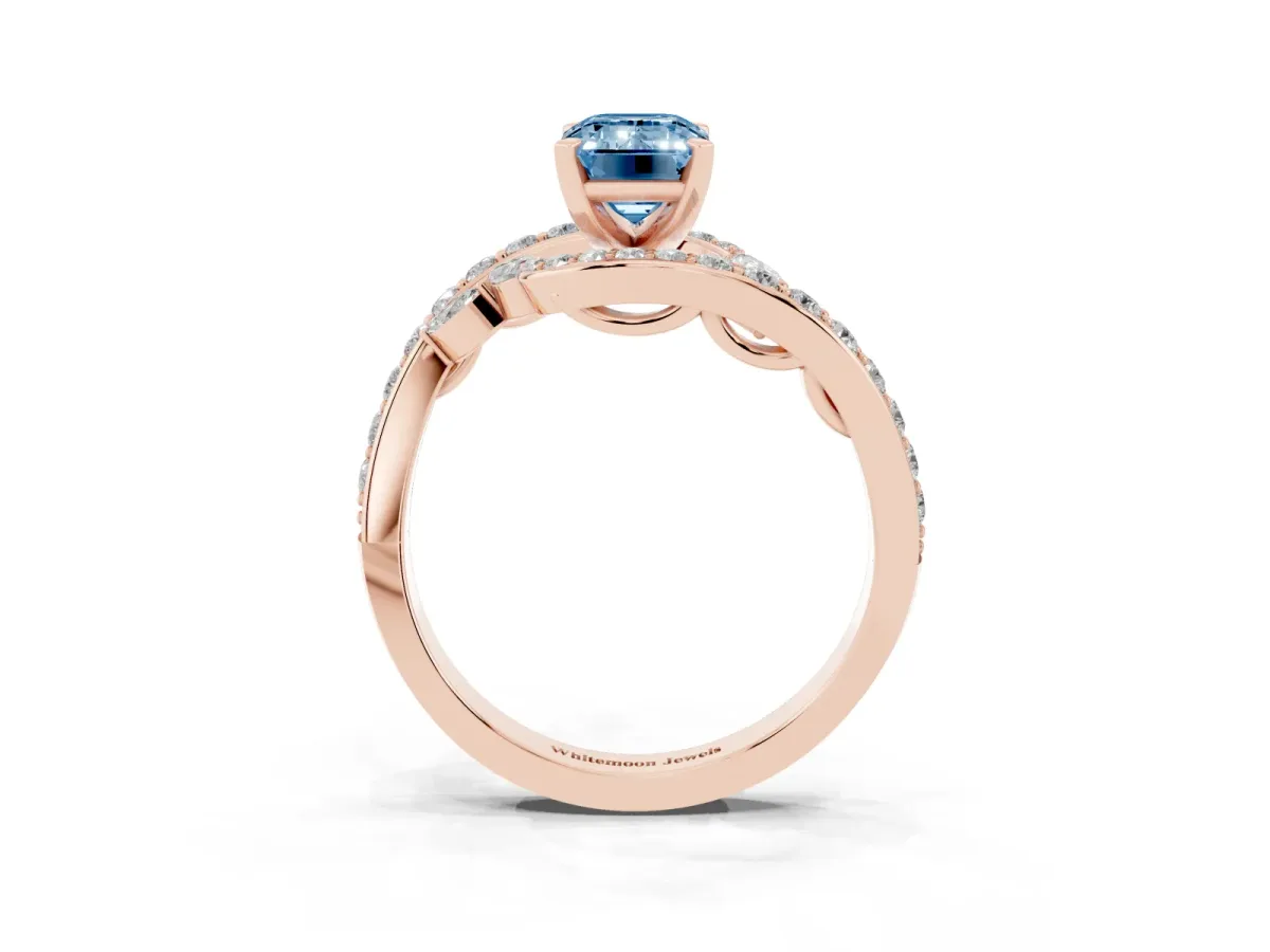 Fancy Blue Emerald Cut Solitaire with Pavé Twist Band and Four-Prong Setting Rose gold