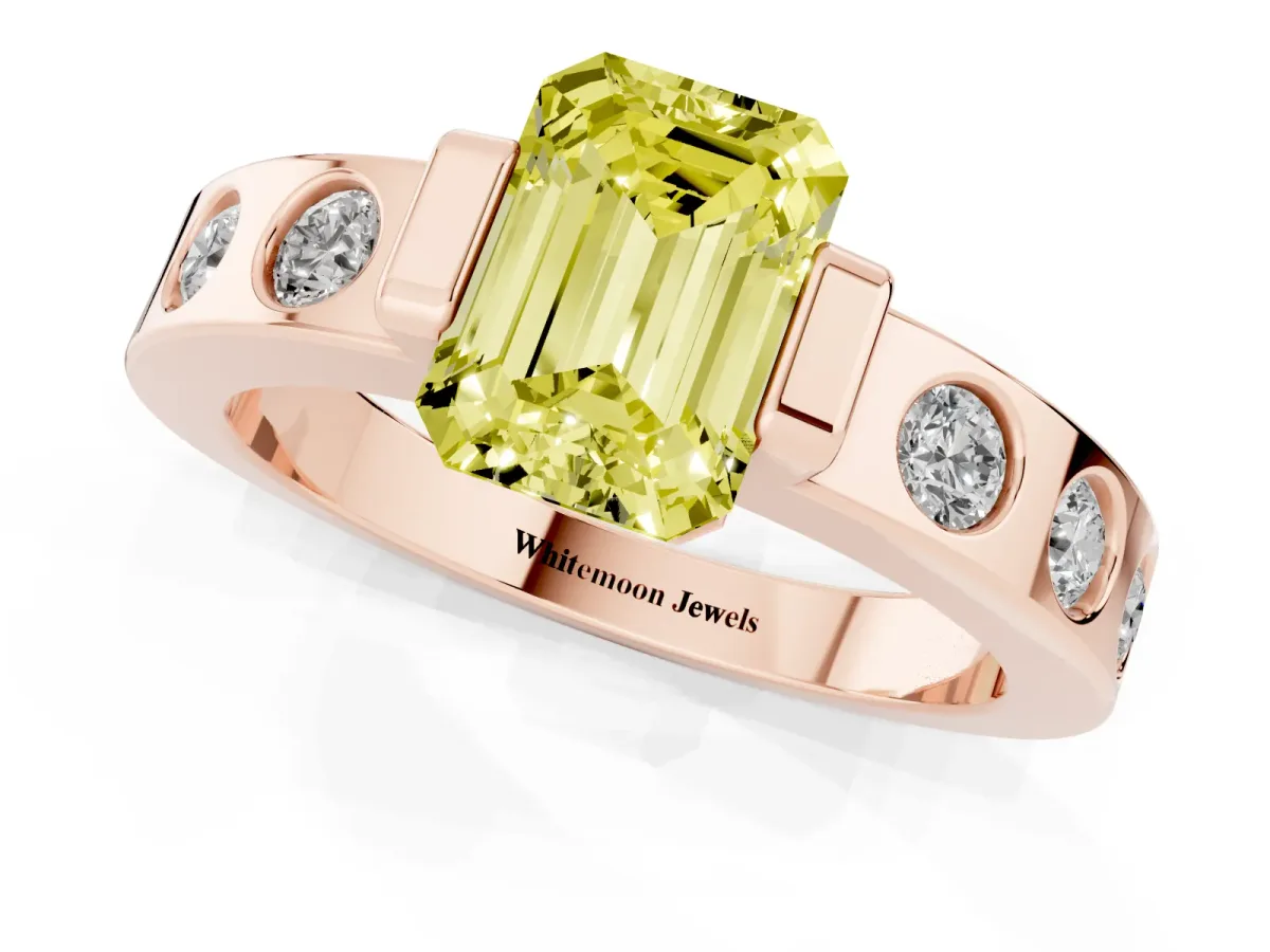 Fancy Yellow Emerald Cut Brilliant Channel-Set Diamond Ring with Bezel Prong Setting Rose gold