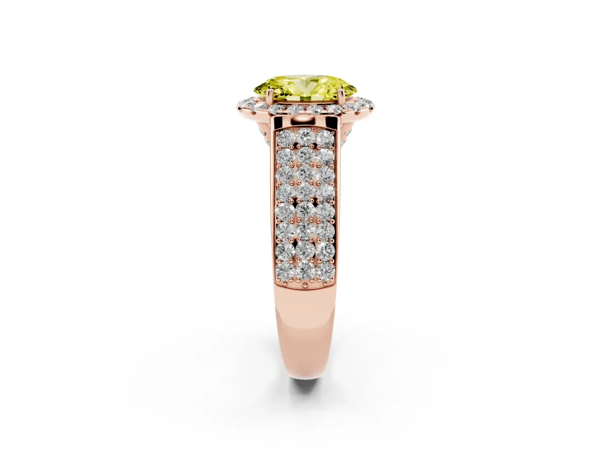Fancy Yellow Oval Cut Halo Round Diamond Pave Band with Prong Setting Rose gold