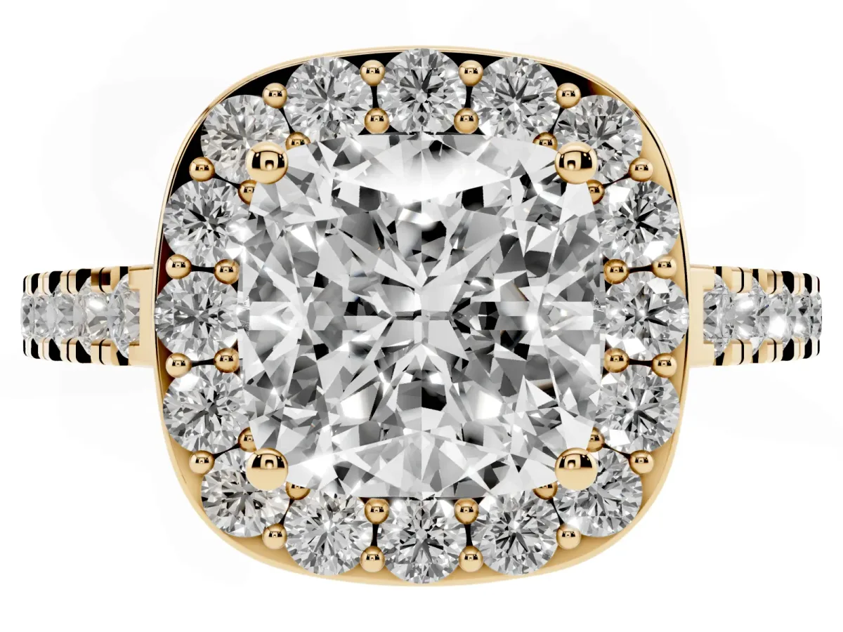 Cushion Cut Diamond Halo Ring with Round Pavé Split Shank and Prong Setting Yellow gold