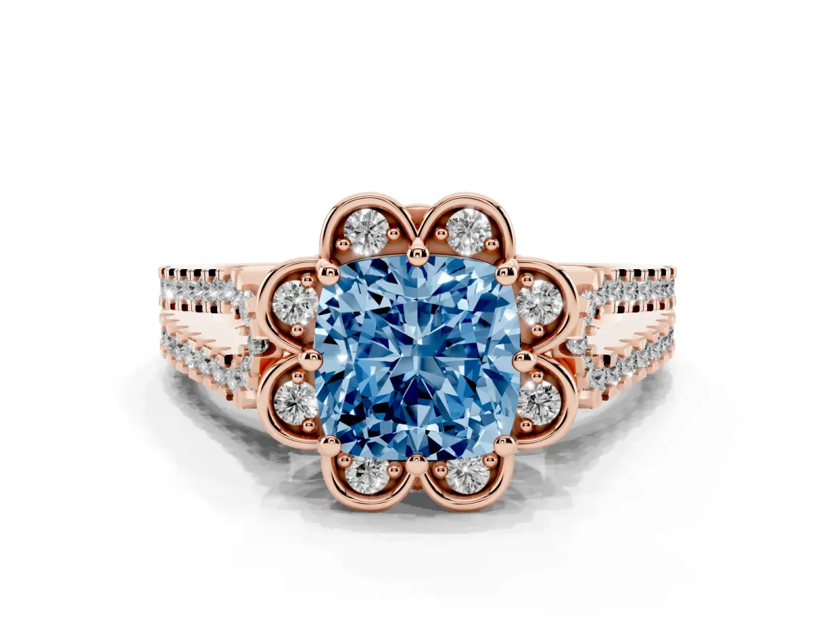 Fancy Blue Cushion Cut Halo Diamond Floral Split Shank Engagement Ring Rose gold