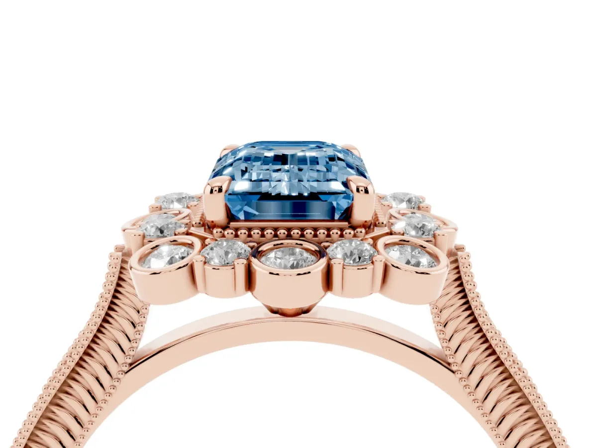 Fancy Blue Emerald Cut Halo Milgrain Pave Diamond Ring with Four-Prong Setting Rose gold