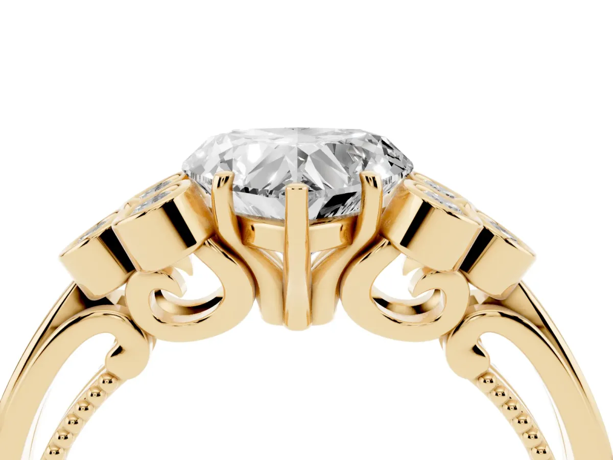 Heart Cut Cut Diamond Engagement Ring with Bezel Set Round Side Stones and Prong Setting Yellow gold