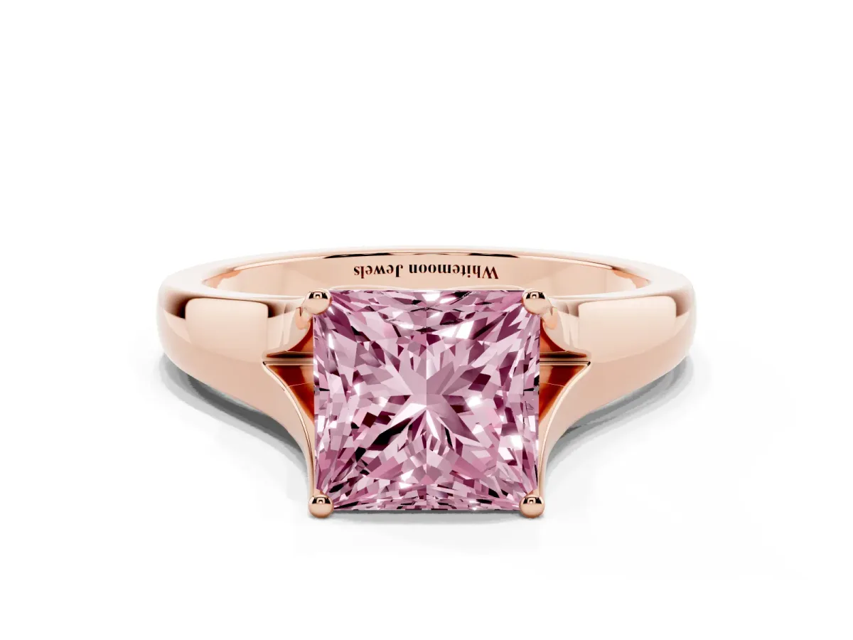 Fancy Pink Princess Cut Solitaire Diamond Ring with Cathedral Band and Four-Prong Setting Rose gold