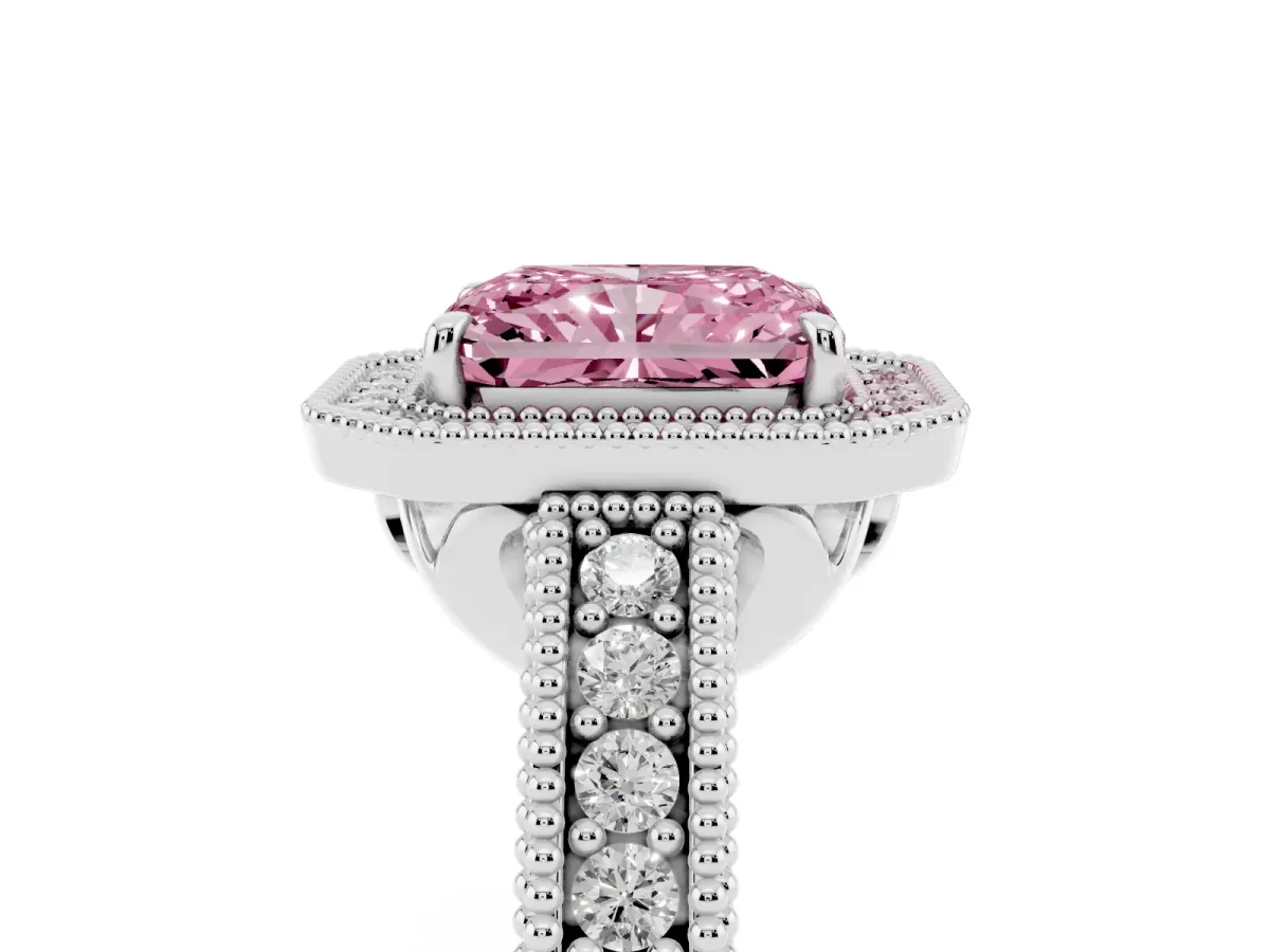 Fancy Pink Radiant Cut Cut Halo Diamond Ring with Pavé Band and Four-Prong Setting Silver
