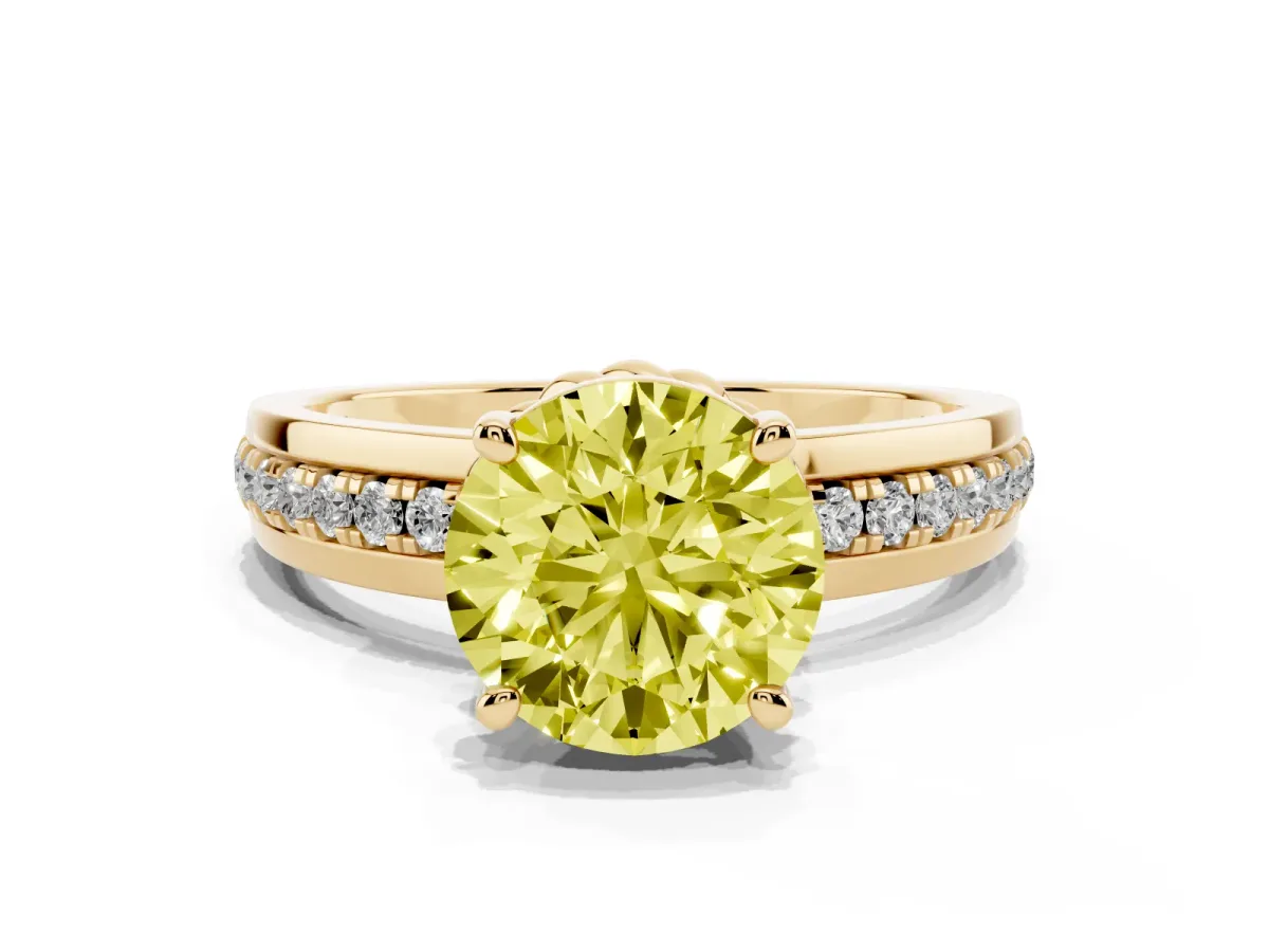 Fancy Yellow Round Cut Solitaire Diamond Ring with Channel Set Band and Six-Prong Setting Yellow gold
