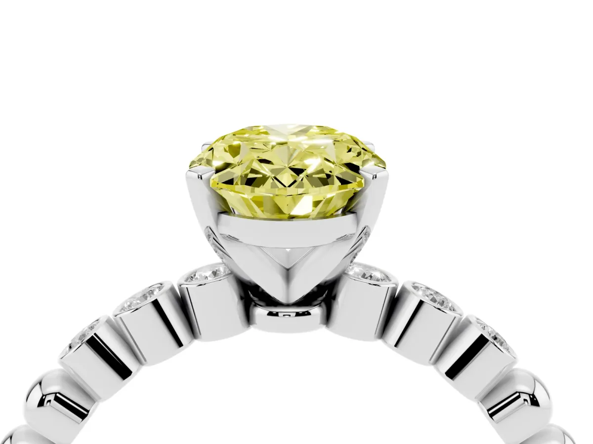 Fancy Yellow Oval Cut Solitaire Bezel Accent Diamond Engagement Ring with Beaded Band and Four-Prong Setting Silver