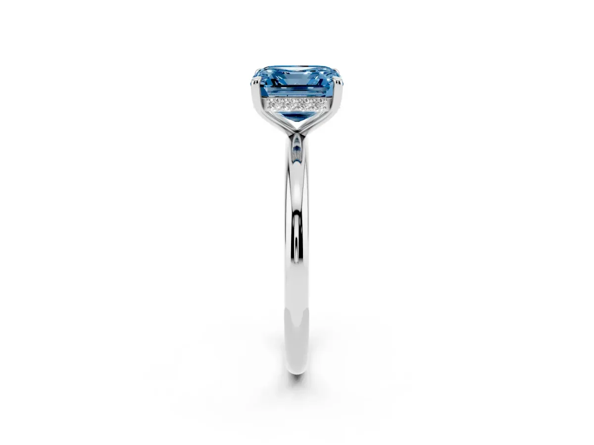 Fancy Blue Asscher Cut Diamond Solitaire Ring with Thin Band and Four-Prong Setting Silver