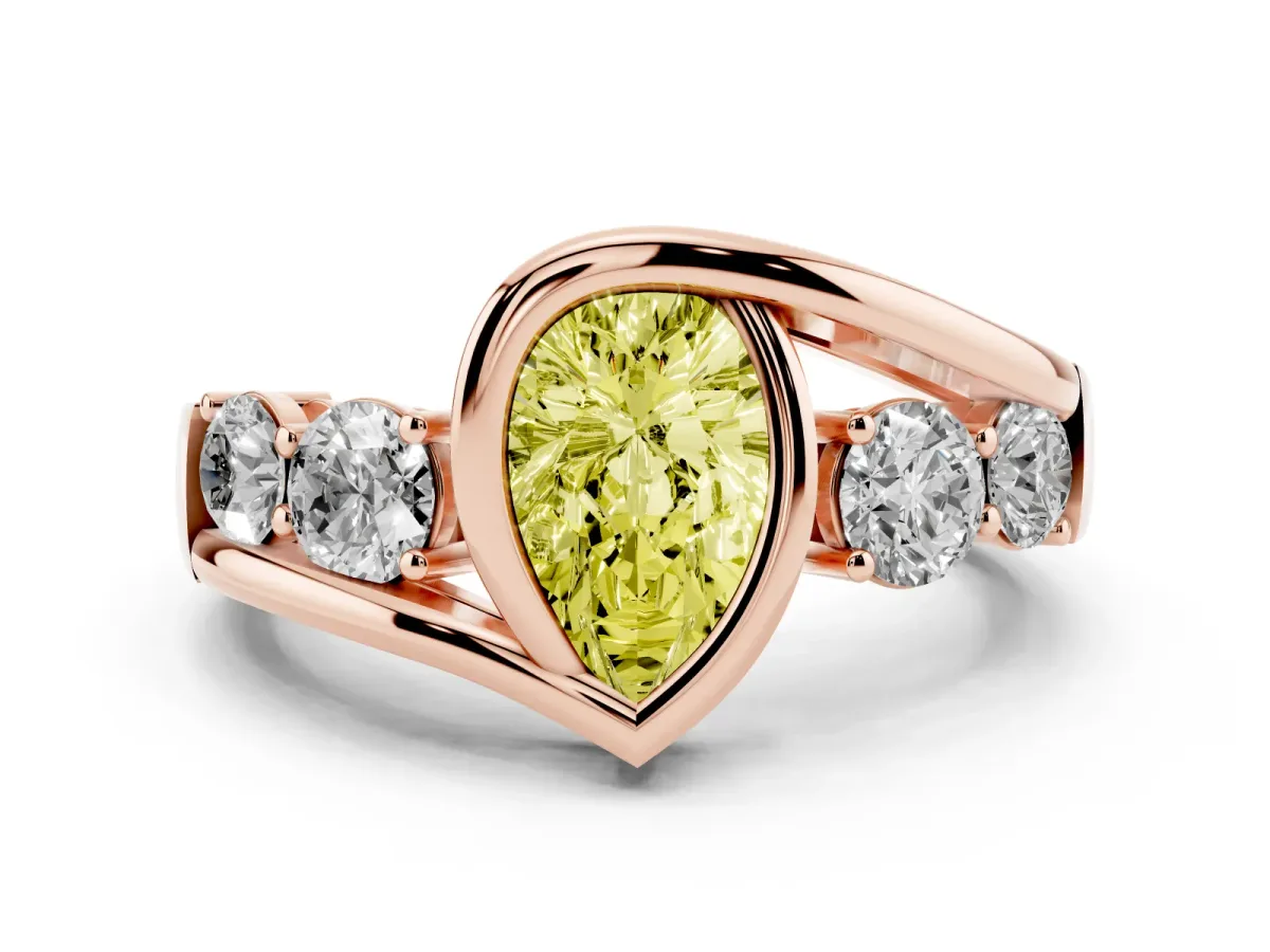 Fancy Yellow Bezel Set Pear Cut Diamond Bypass Ring with Round Accents Rose gold