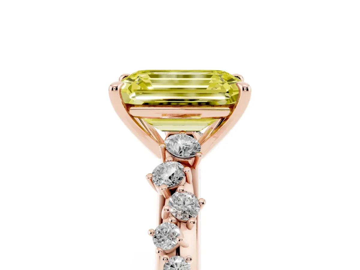 Fancy Yellow Emerald Cut Diamond Cluster Side Stone Solitaire Ring with Prong Setting Rose gold