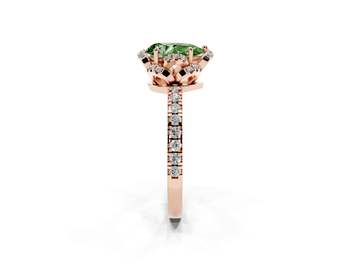 Fancy Green Pear Cut Diamond Halo Pave Band with Four-Prong Setting Rose gold
