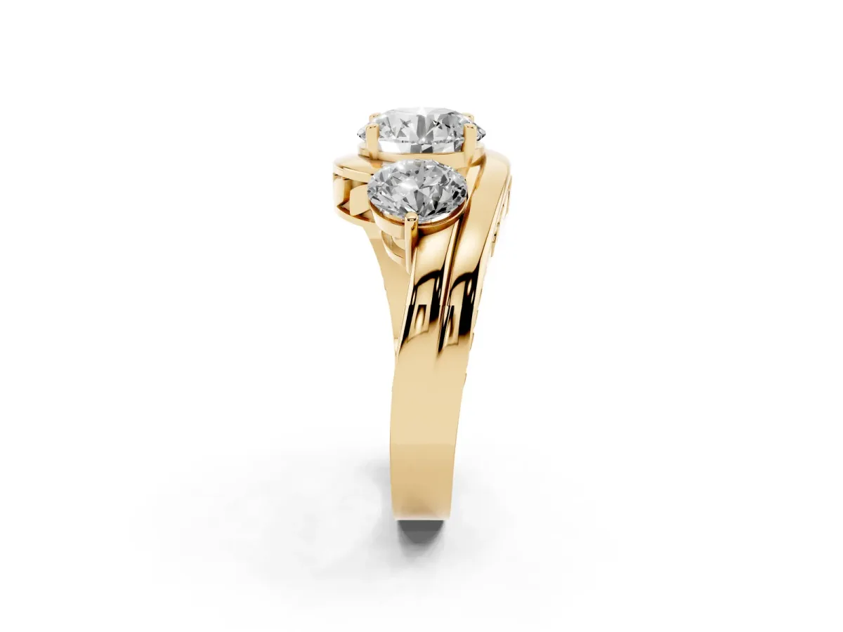 Three-Stone Round Cut Brilliant Split Shank Prong Set Ring Yellow gold