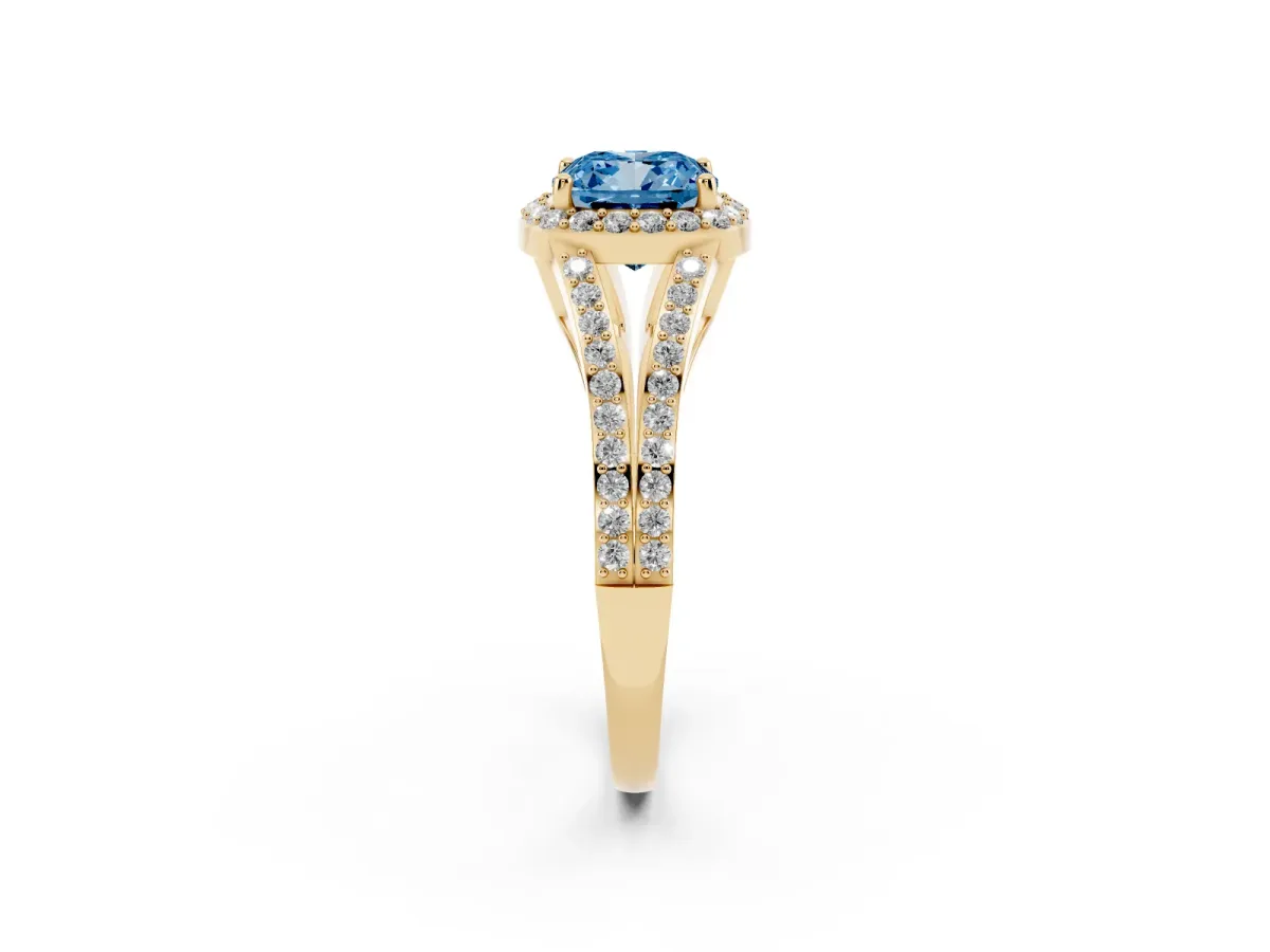 Fancy Blue Cushion Cut Halo Split Shank Diamond Ring with Prong Setting Yellow gold
