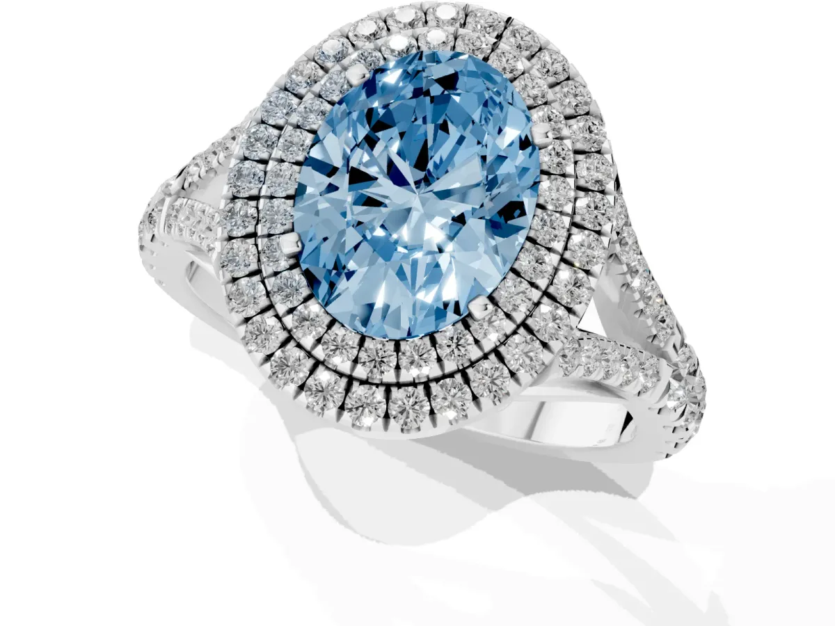 Fancy Blue Oval Cut Diamond Pavé Split Shank Double Halo Engagement Ring Silver