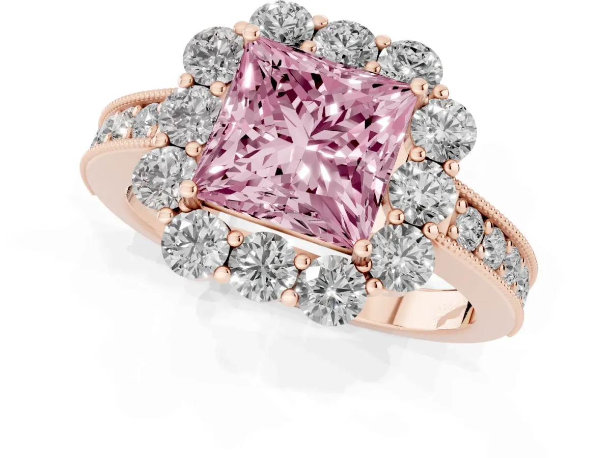 Fancy Pink Princess Cut Cut Halo Diamond Pavé Engagement Ring with Milgrain Detailing Rose gold