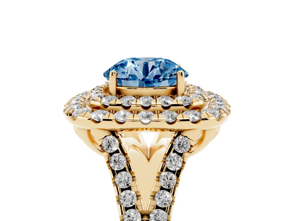 Fancy Blue Double Halo Round Cut Diamond Pavé Split Shank Ring with Prong Setting Yellow gold