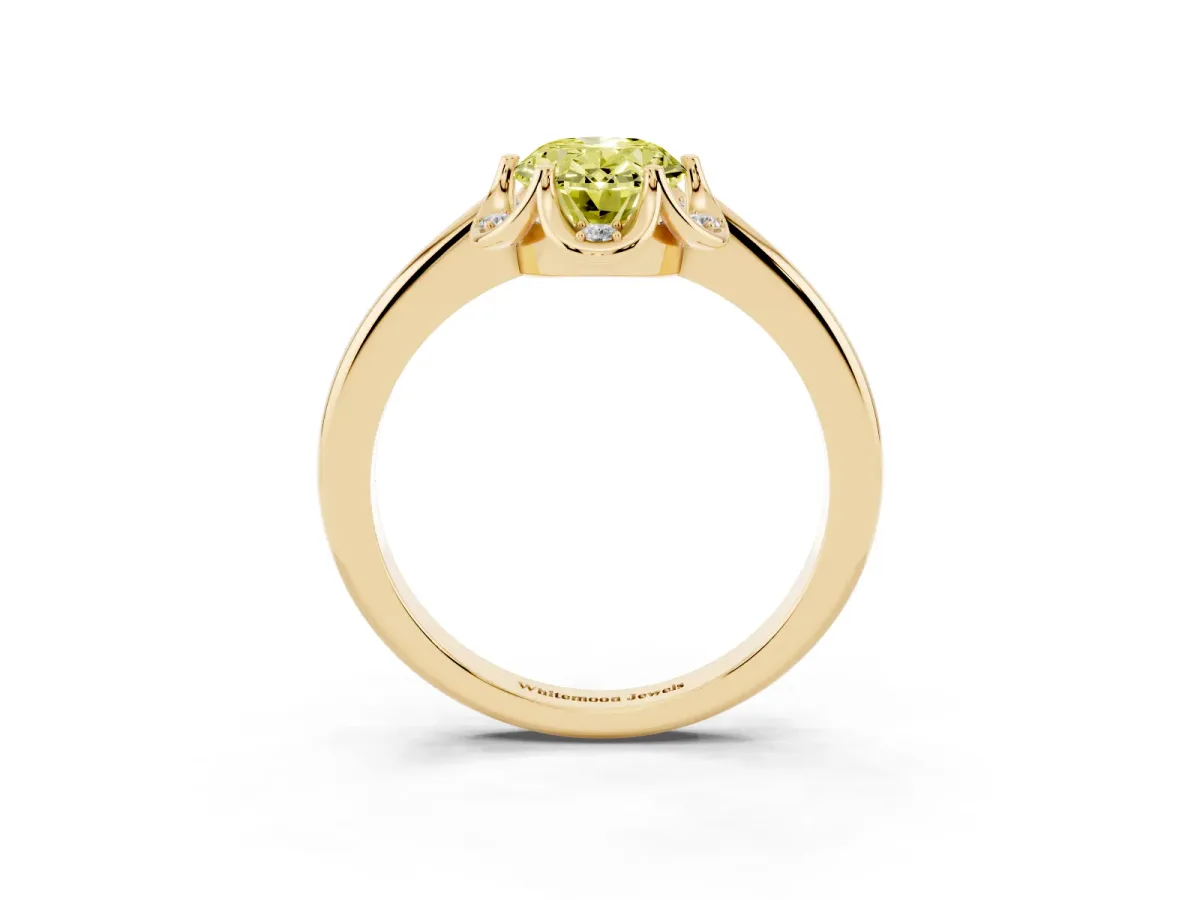 Fancy Yellow Oval Cut Halo Diamond Ring with Round Cluster Setting, Solitaire Band, and Four-Prong Setting Yellow gold