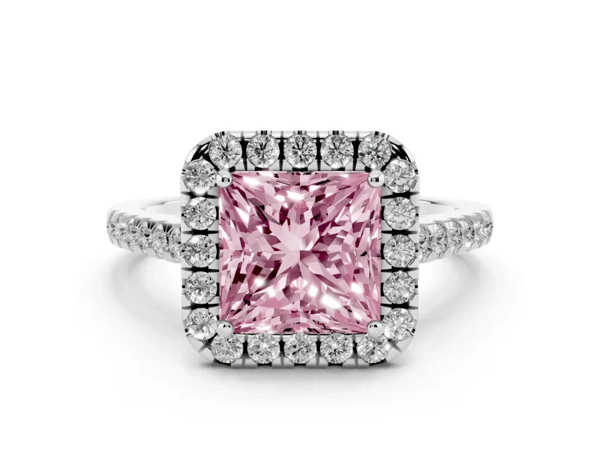 Fancy Pink Princess Cut Halo Pavé Diamond Engagement Ring with Four-Prong Setting Silver