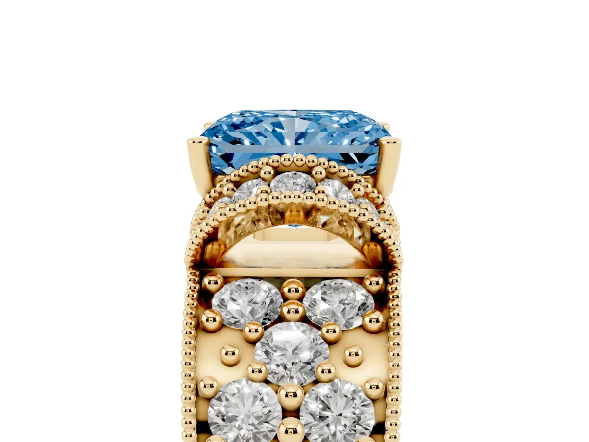 Fancy Blue Radiant Cut Halo Pave Diamond Engagement Ring with Milgrain Detailing Yellow gold