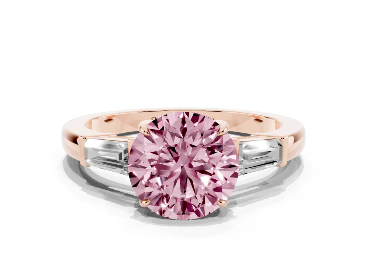 Fancy Pink Round Cut Diamond Three-Stone Ring with Tapered Baguette Side Stones and Prong Setting Rose gold