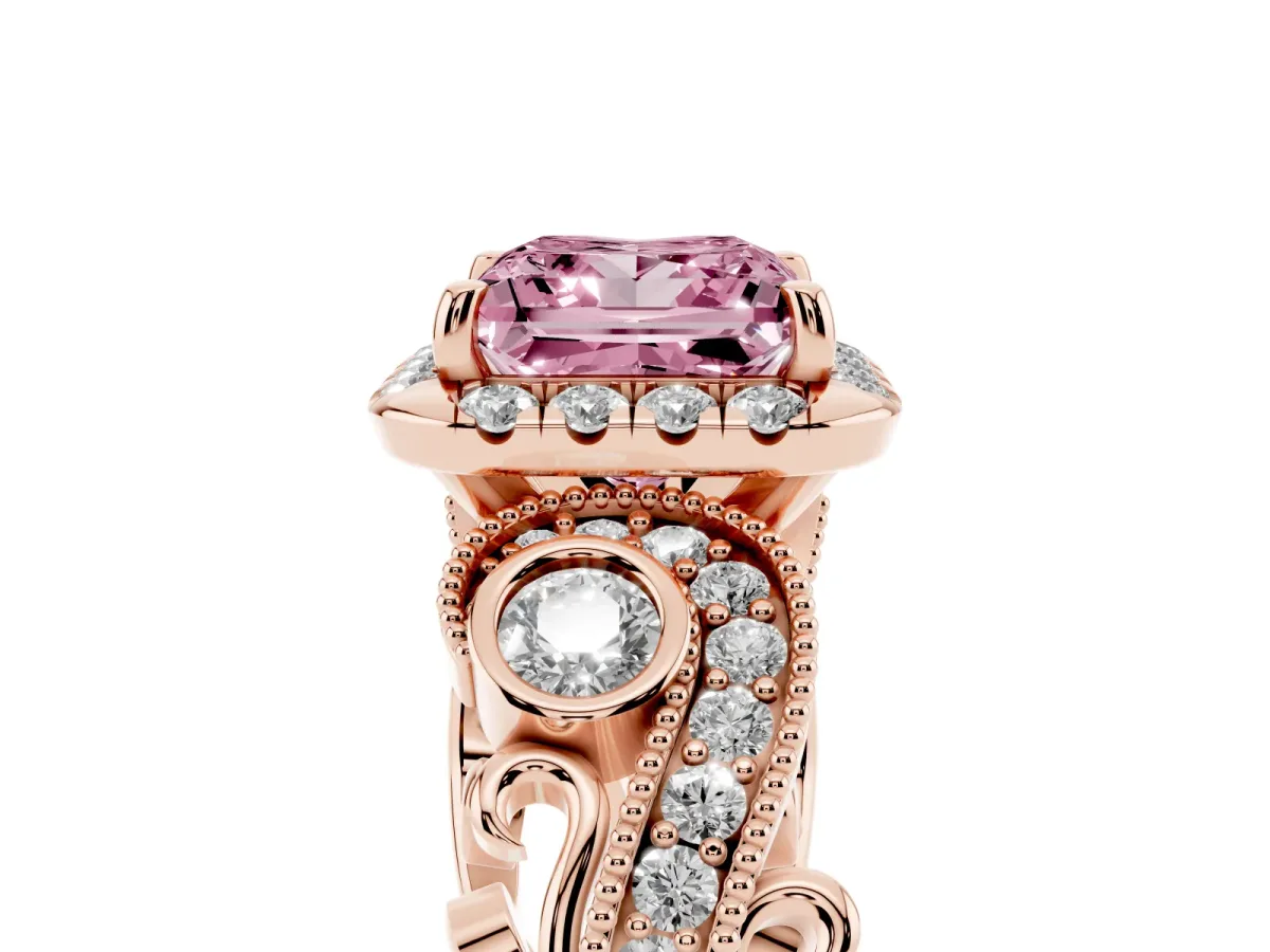 Fancy Pink Princess Cut Diamond Halo Ring with Milgrain Pavé Band and Four-Prong Setting Rose gold