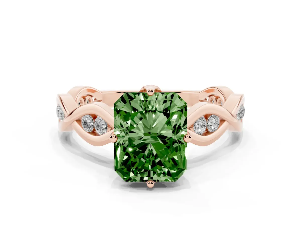 Fancy Green Radiant Cut Solitaire Twist Band with Leaf Prong Setting Rose gold