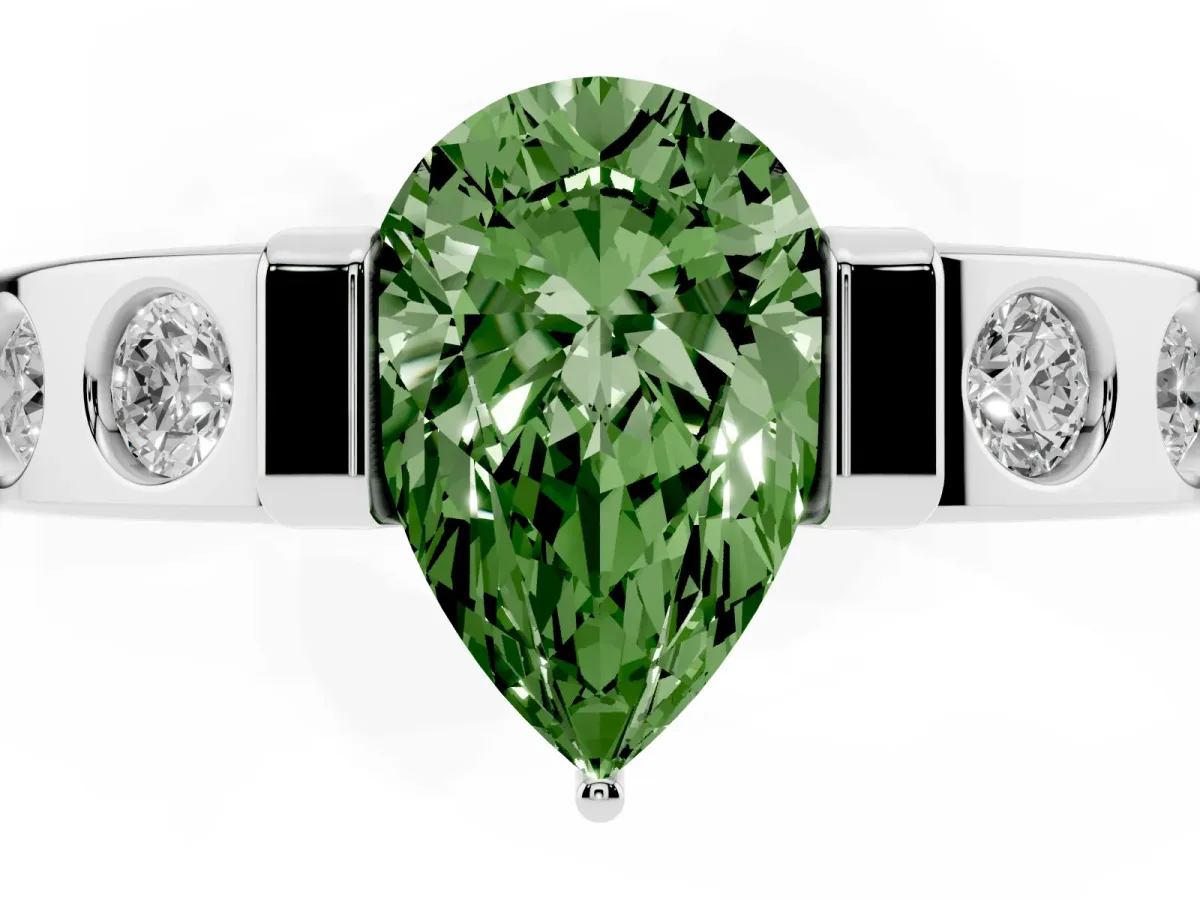 Fancy Green Pear Cut Brilliant Channel-Set Diamond Ring with Bezel Prong Setting Platinum