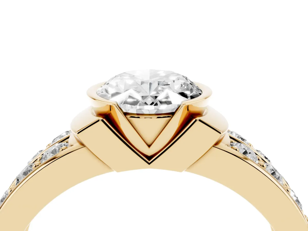 Oval Cut Brilliant Diamond Channel Set Wide Band Ring with Bezel Setting Yellow gold