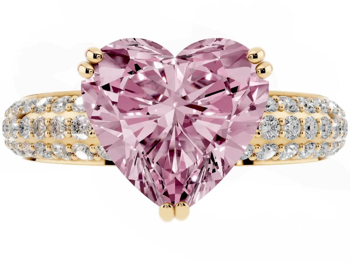 Fancy Pink Heart Cut Diamond Solitaire Ring with Multi-Row Round Pavé Band and Prong Setting Yellow gold