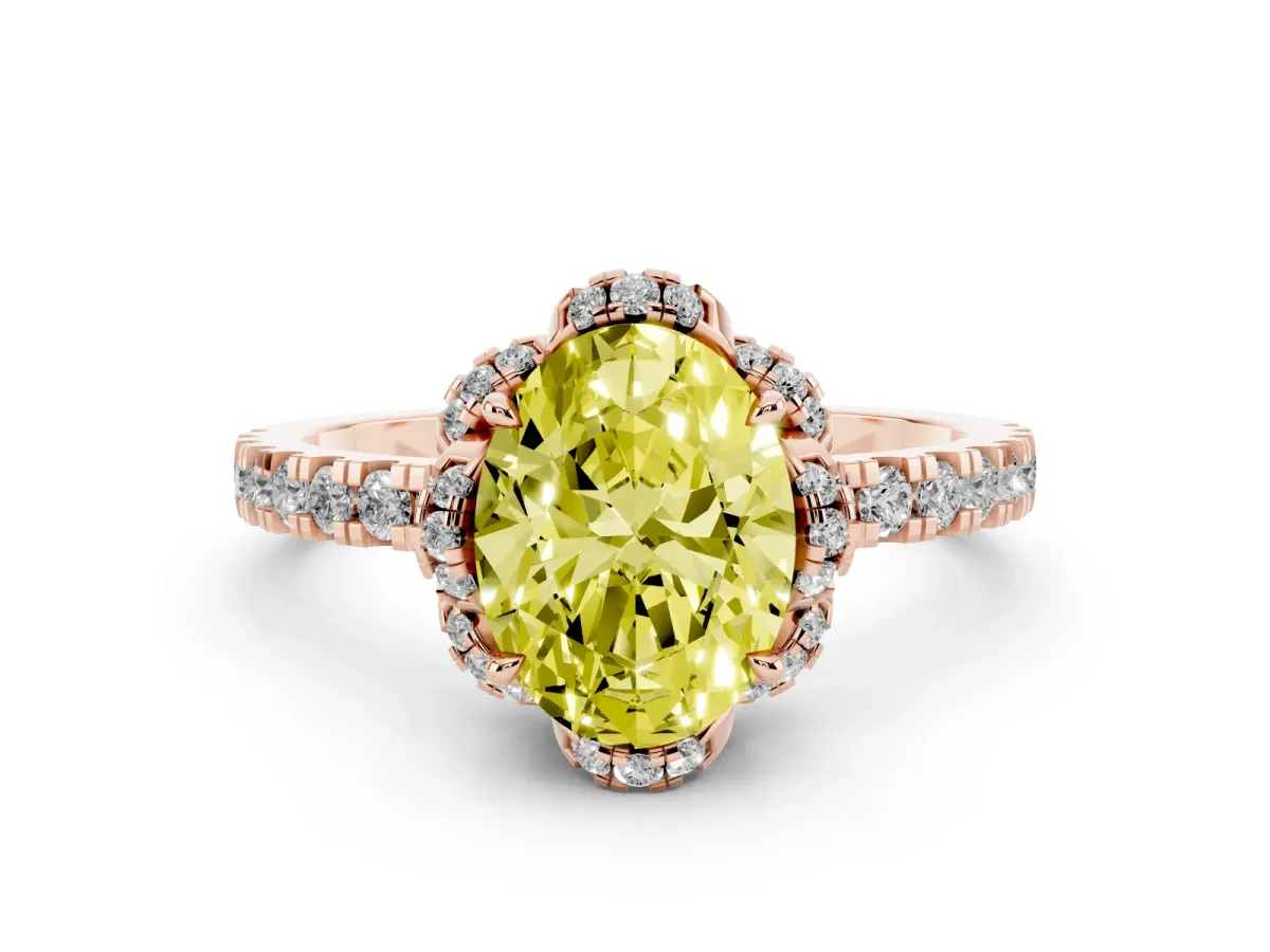 Fancy Yellow Oval Cut Halo Diamond Pave Band Ring with Four-Prong Setting Rose gold