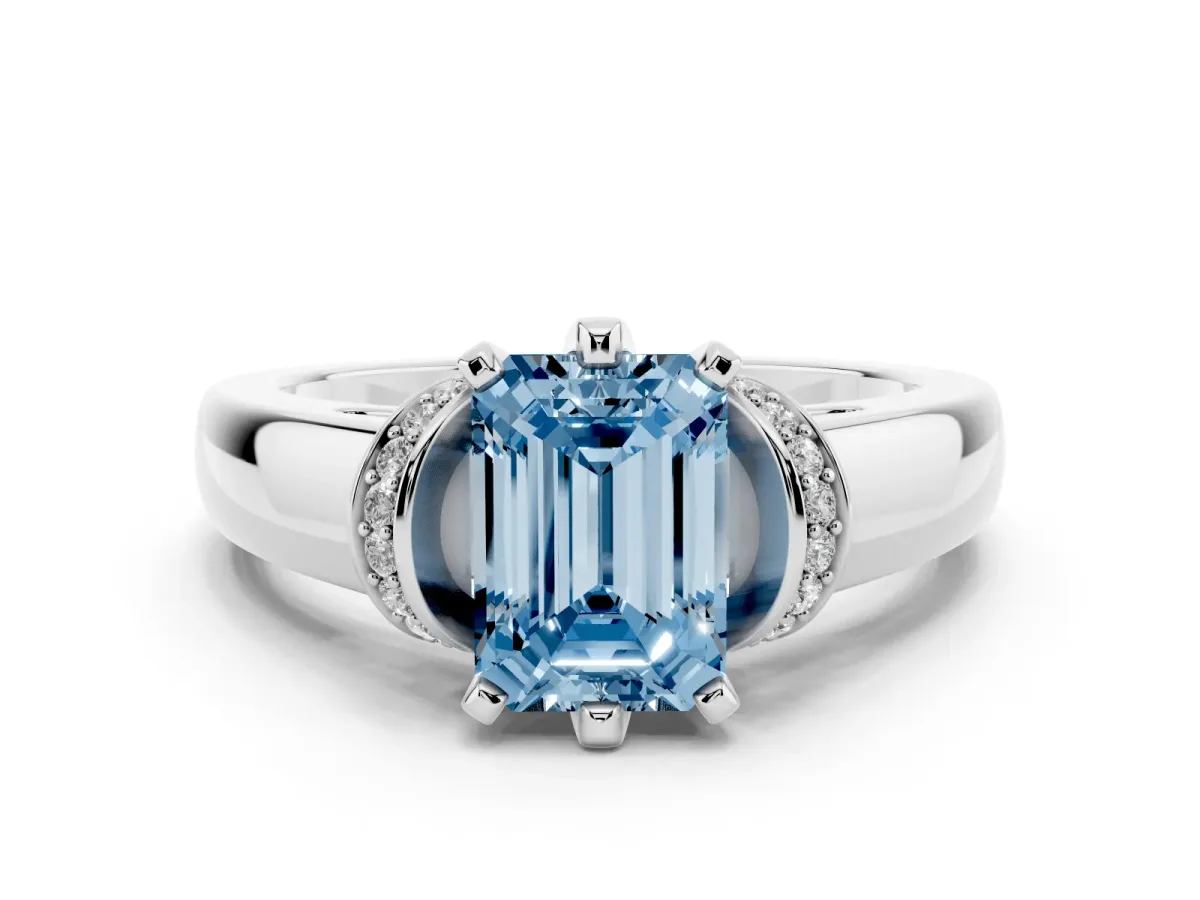 Fancy Blue Emerald Cut Solitaire Diamond Ring with Pave Band and Six-Prong Setting Platinum