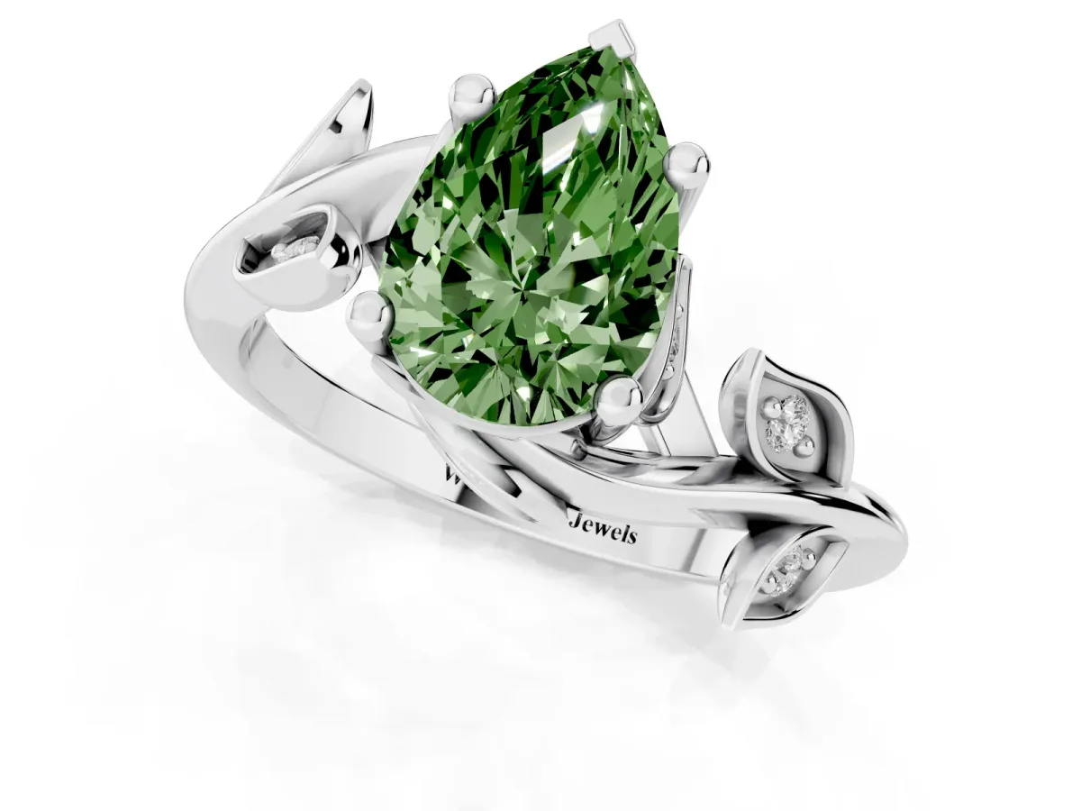 Fancy Green Pear Cut Solitaire Twist Engagement Ring with Leaf Accents and Prong Setting Silver