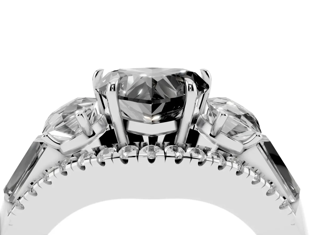 Fancy Black Three-Stone Heart Cut Diamond Engagement Ring with Pave Band and Prong Setting Silver