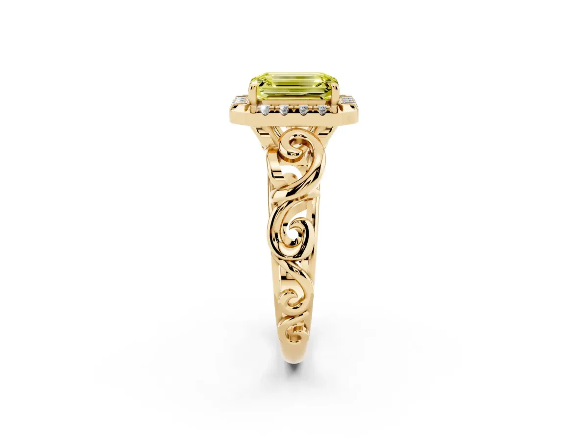 Fancy Yellow Emerald Cut Cut Halo Diamond Ring with Scrollwork Band and Four-Prong Setting Yellow gold