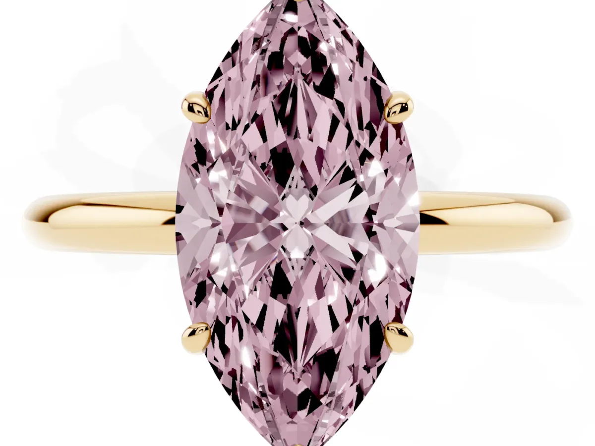 Fancy Pink Marquise Cut Solitaire Diamond Ring with Four-Prong Setting on a Plain Band Yellow gold