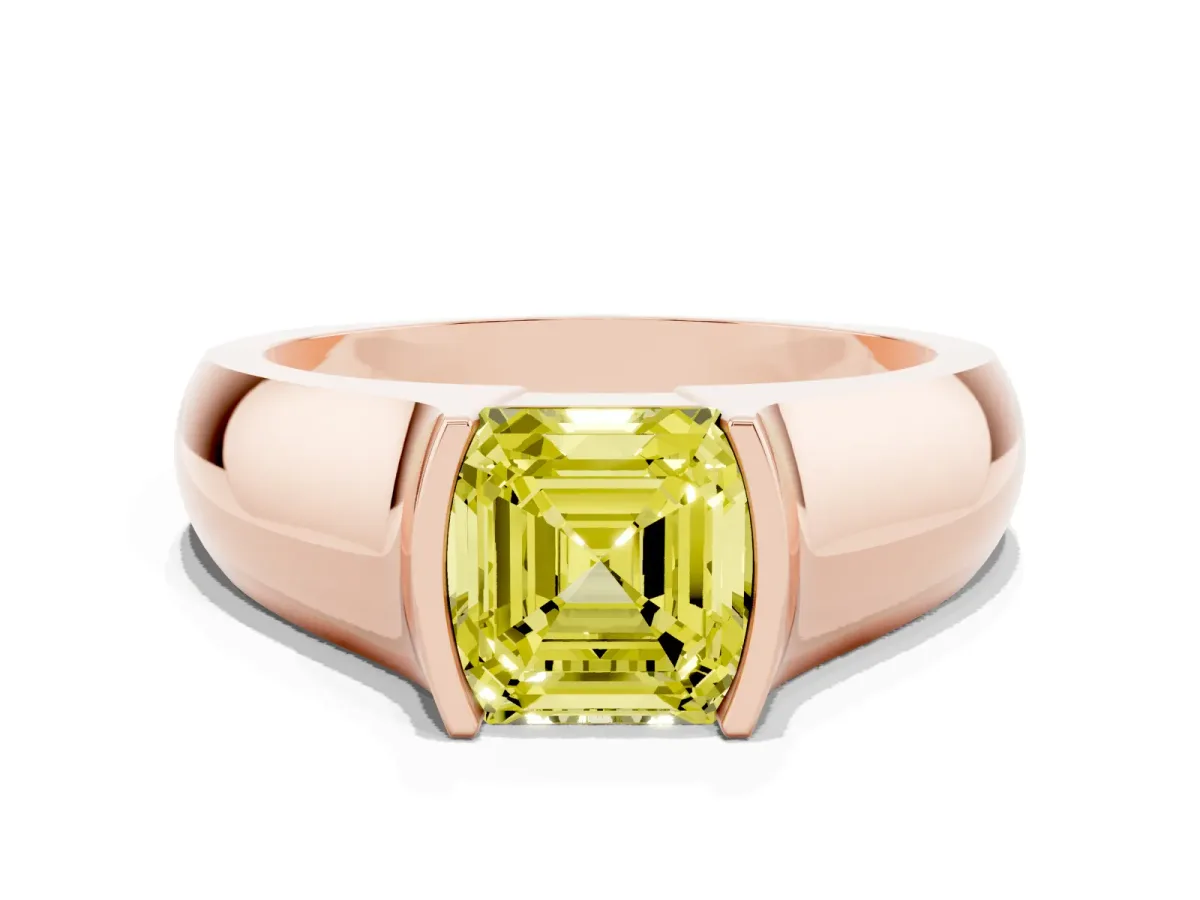 Fancy Yellow Asscher Cut Solitaire Bezel Set Diamond Ring with Wide Band Rose gold