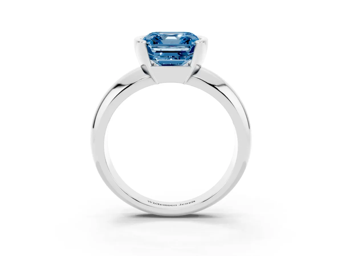 Fancy Blue Asscher Cut Solitaire Tension Set Diamond Ring with Wide Band White gold