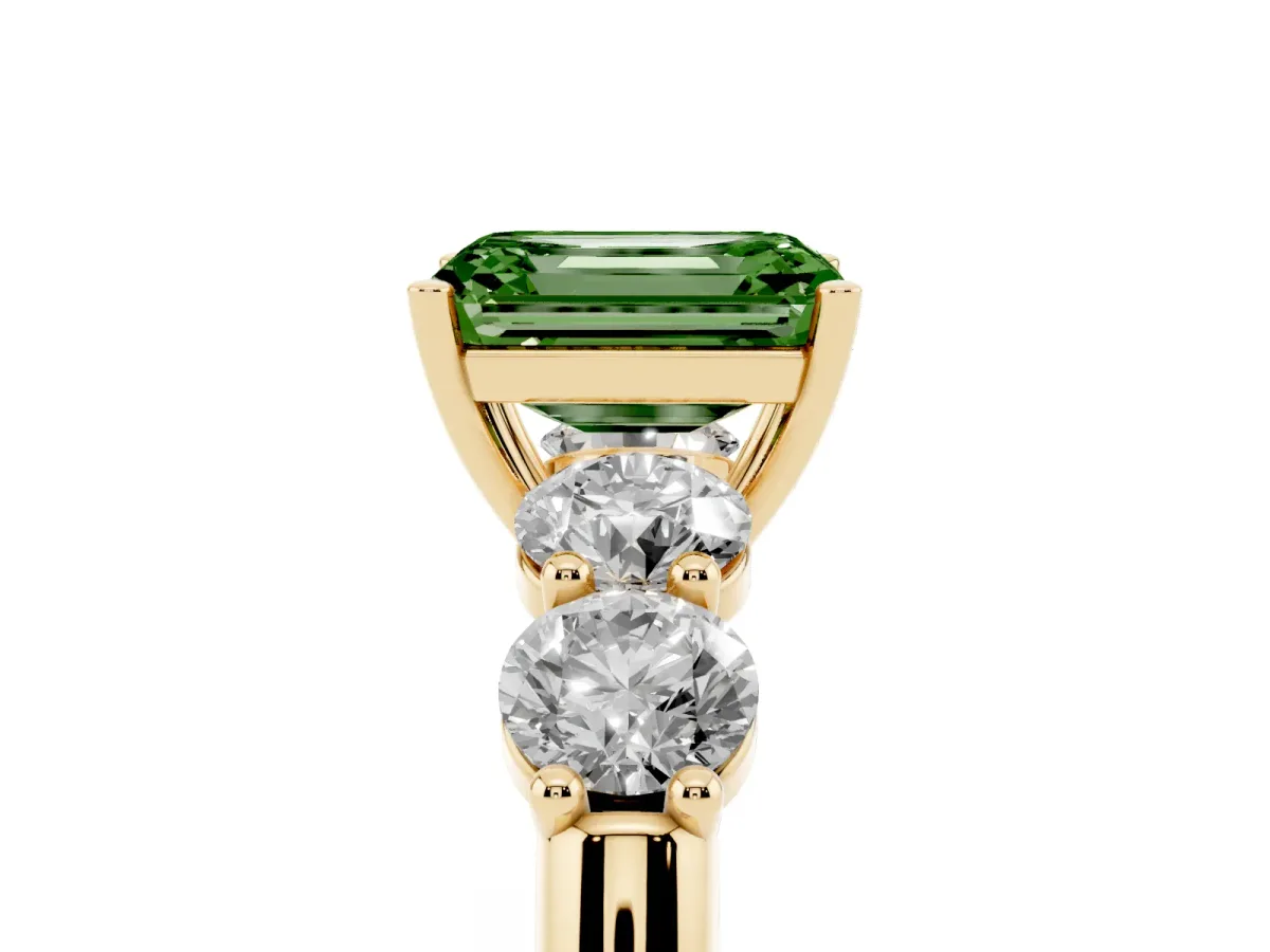 Fancy Green Emerald Cut Cut Five-Stone Prong Set Diamond Ring with Classic Band Yellow gold