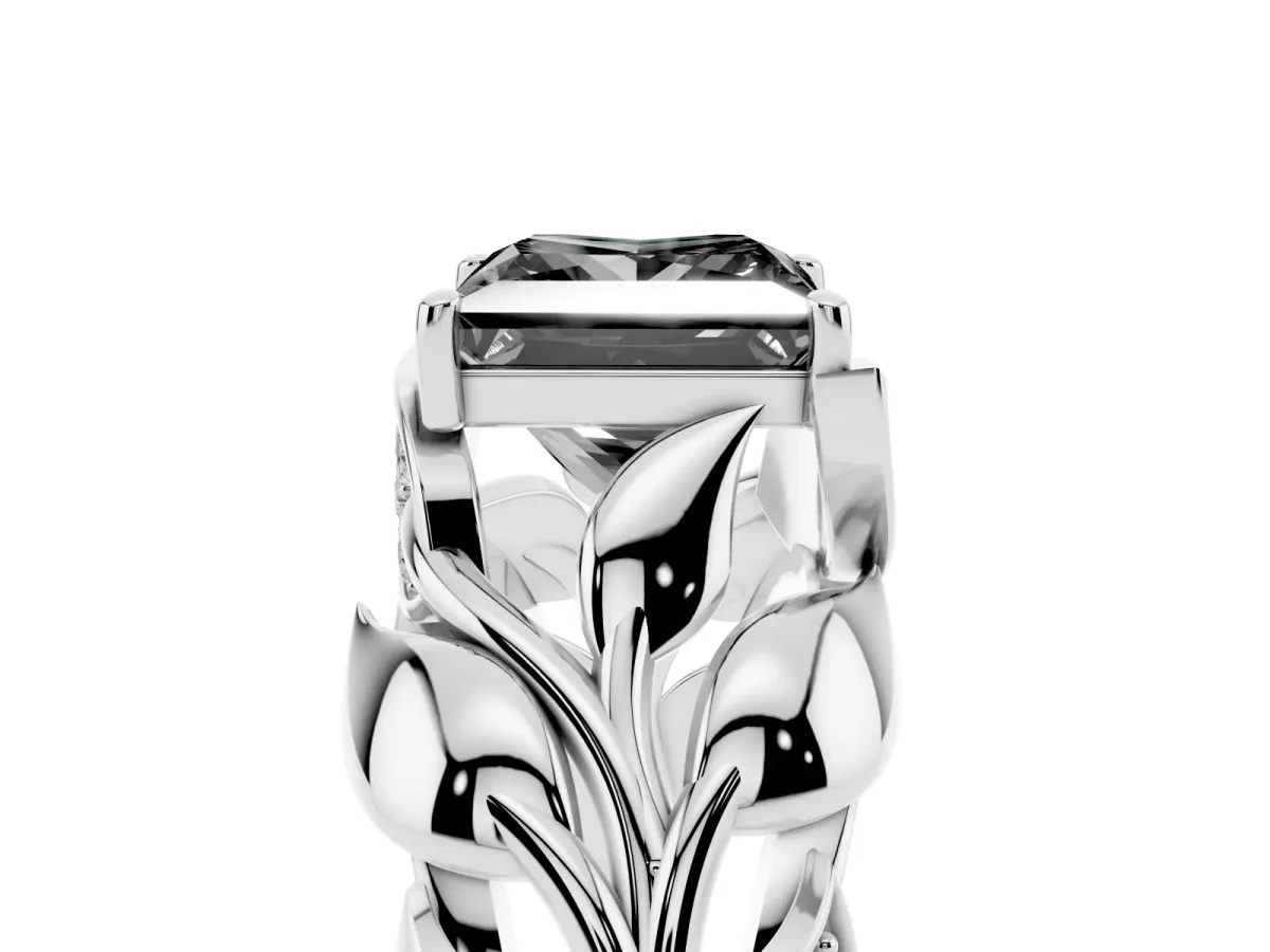 Fancy Black Princess Cut Diamond Leaf-Inspired Engagement Ring with Round Accents and Prong Setting Silver