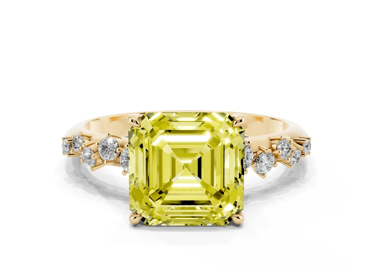 Fancy Yellow Asscher Cut Diamond Cluster Side Stone Solitaire Ring with Prong Setting Yellow gold