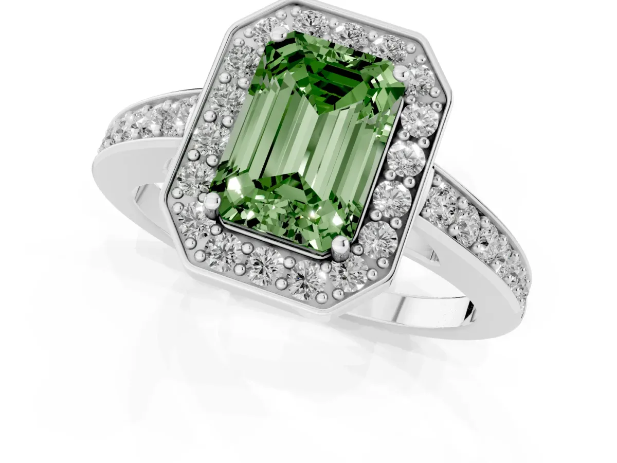 Fancy Green Emerald Cut Halo Pavé Diamond Engagement Ring with Bezel Setting Silver