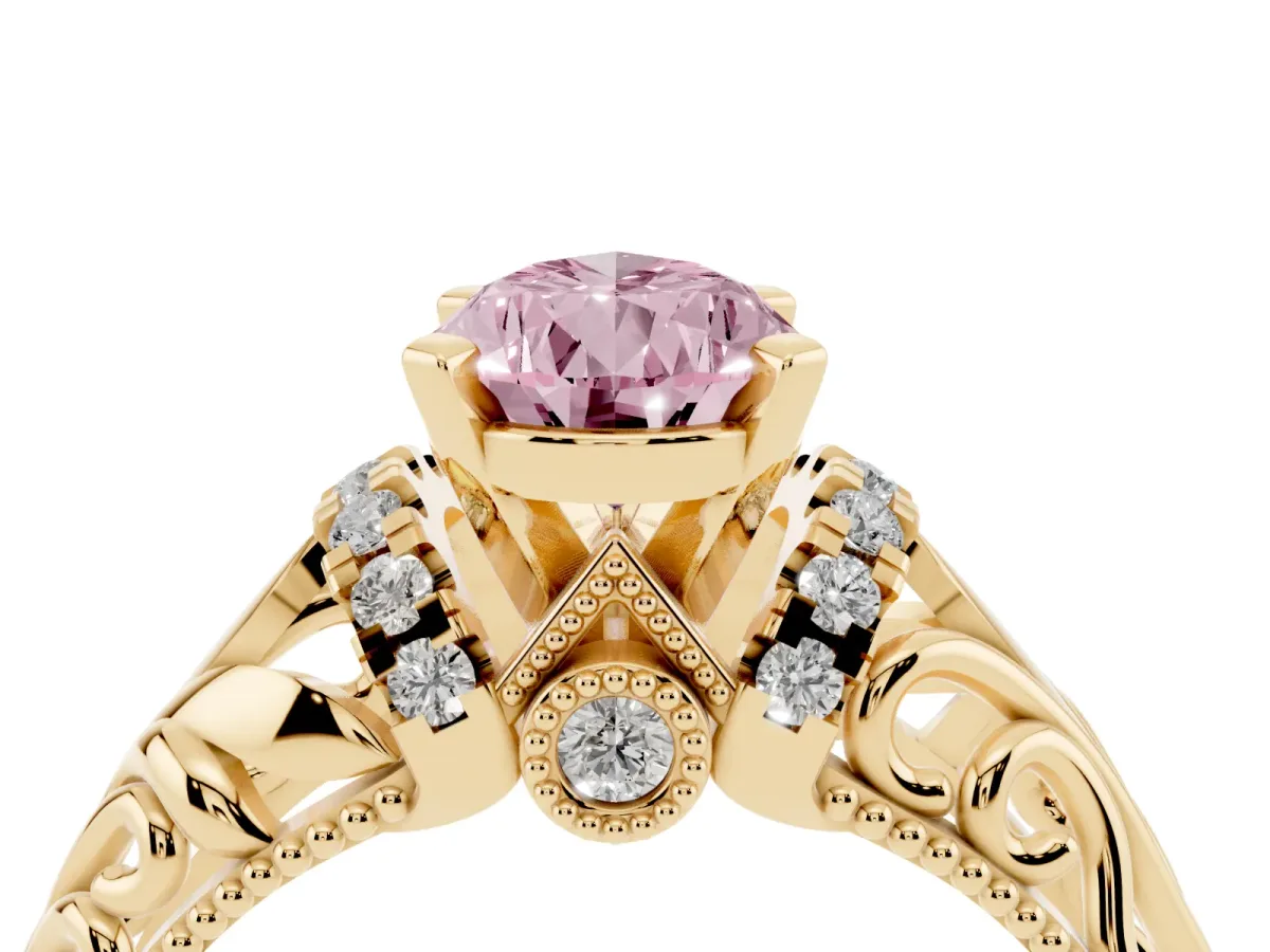 Fancy Pink Pear Cut Solitaire Filigree Engagement Ring with Halo and Prong Setting Yellow gold