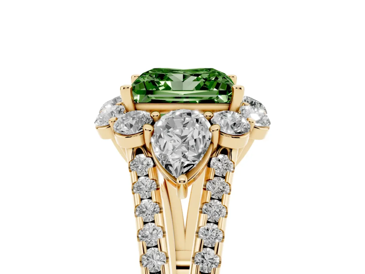 Fancy Green Princess Cut Halo Split Shank Diamond Engagement Ring with Prong Setting Yellow gold