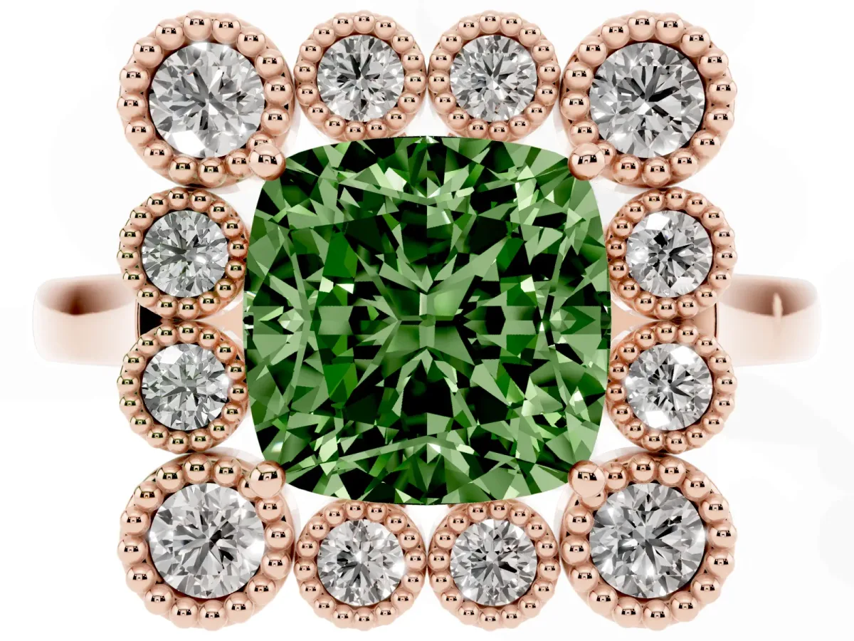 Fancy Green Cushion Cut Halo Diamond Cluster Engagement Ring with Milgrain Bezel Setting and Solitaire Band Rose gold